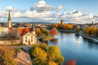 Ingolstadt őszi tája, folyó mentén színes fákkal
