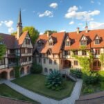 Augsburg Fuggerei, a világ legrégebbi szociális lakótelepe történelmi épületekkel.