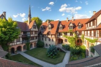 Augsburg Fuggerei, a világ legrégebbi szociális lakótelepe történelmi épületekkel.