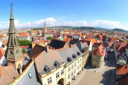 Augsburg város panorámája a Perlach-toronyból