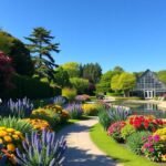 Színes virágágyások az Augsburgi Botanikus Kertben, üvegház háttérrel.