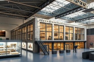 Augsburg TIM múzeum belső tere szövőgépekkel és ipartörténeti kiállításokkal.