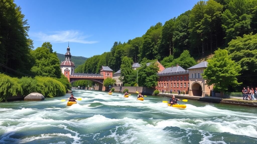 Kajakosok az Augsburgi Eiskanal vadvízi pályán, zöld környezetben.