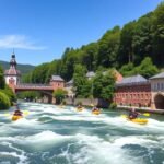 Kajakosok az Augsburgi Eiskanal vadvízi pályán, zöld környezetben.