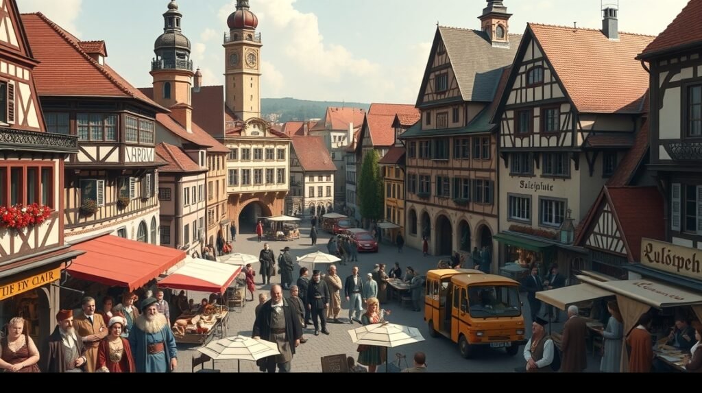 Augsburg városkép a Fugger család idejéből, történelmi épületekkel