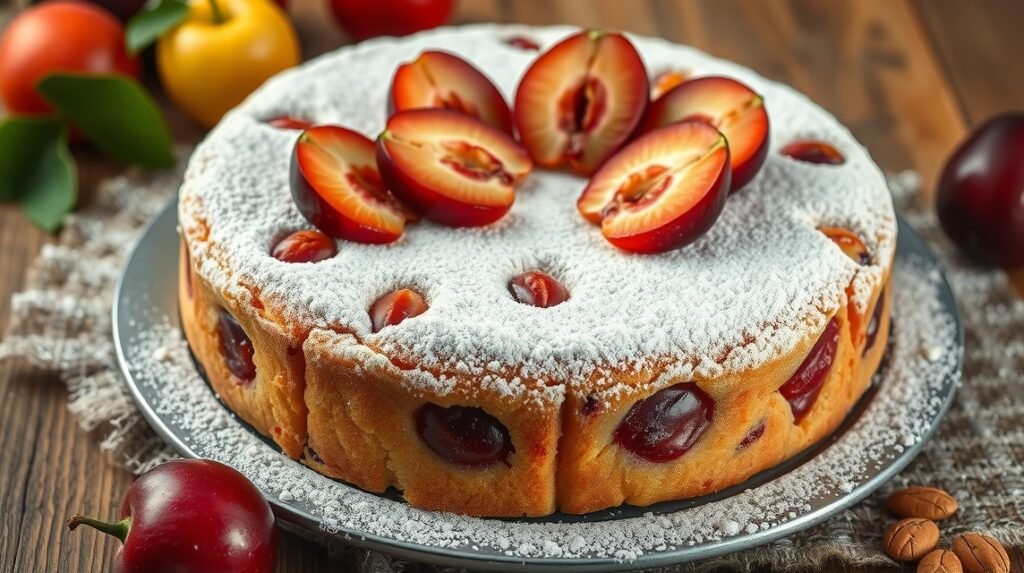 A klasszikus Zwetschgendatschi szilvás lepény cukorral meghintve.