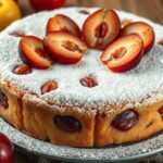 A klasszikus Zwetschgendatschi szilvás lepény cukorral meghintve.