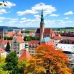 Augsburg városának panorámaképe tavaszi színekben.