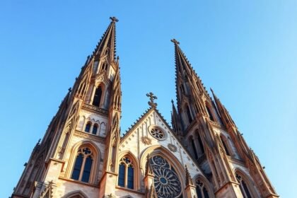 A Szent Péter-dóm gótikus tornyai Regensburgban, kék háttérrel.