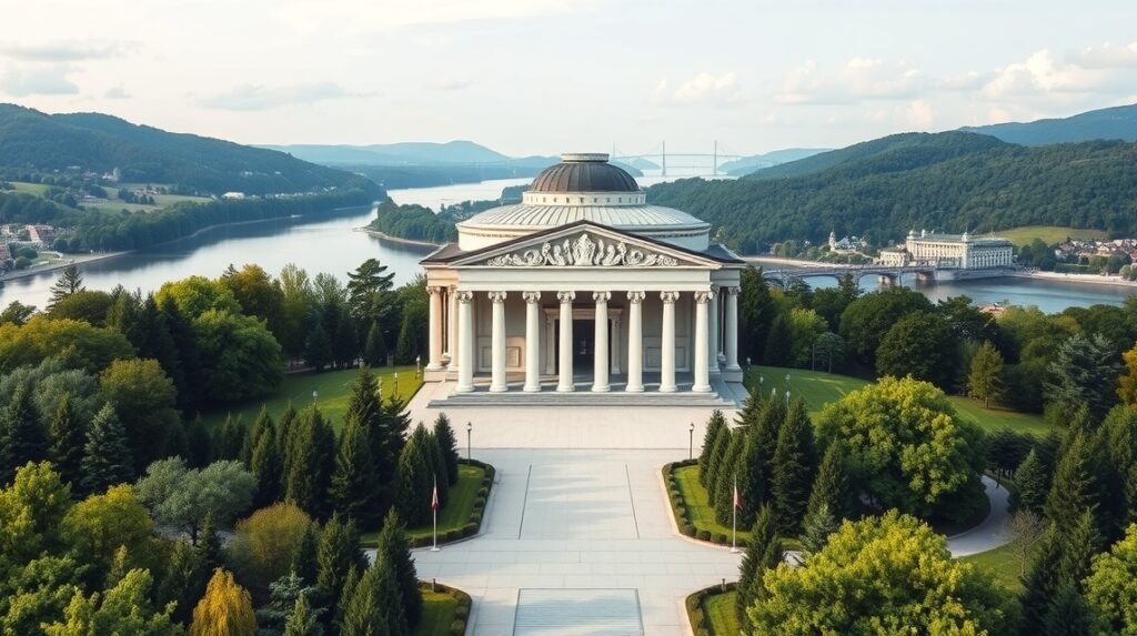 A Walhalla emlékmű, neoklasszicista dór oszlopsor Regensburg közelében.