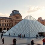 Párizs Louvre múzeum üvegpiramis és látogatók a téren