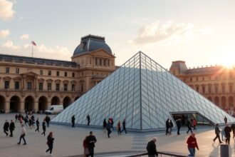 Párizs Louvre múzeum üvegpiramis és látogatók a téren