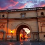 A Porta Praetoria római kapu Regensburg városában, naplementében.