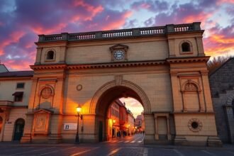 A Porta Praetoria római kapu Regensburg városában, naplementében.