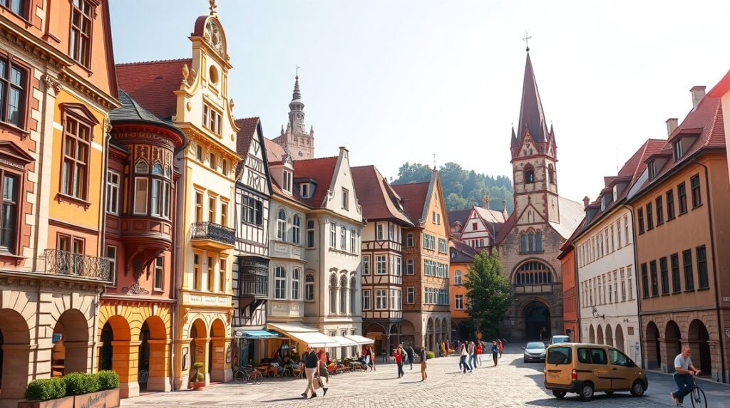 Regensburg belvárosának gótikus és román stílusú épületei