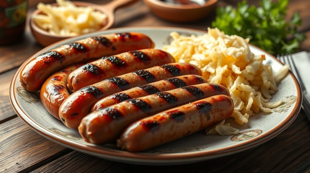 Sült kolbász savanyú káposztával, bajor étkezés Regensburgban