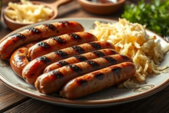 Sült kolbász savanyú káposztával, bajor étkezés Regensburgban