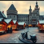 Karácsonyi vásár Regensburgban, romantikus kastély udvarán.