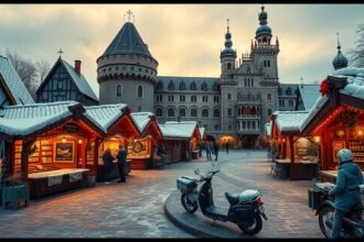 Karácsonyi vásár Regensburgban, romantikus kastély udvarán.