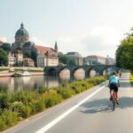 Kerékpáros a Duna mentén Regensburg történelmi városrészében