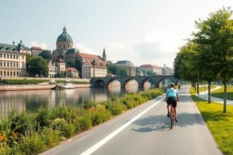Kerékpáros a Duna mentén Regensburg történelmi városrészében