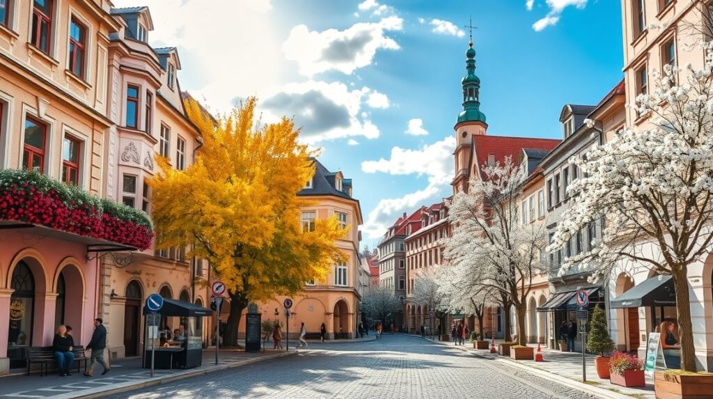 Tavaszi utcakép Regensburgban virágzó fákkal és napsütéssel.
