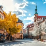 Tavaszi utcakép Regensburgban virágzó fákkal és napsütéssel.