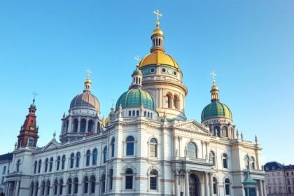 A München Frauenkirche ikonikus hagymakupolái a kék ég alatt.