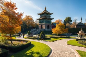 Kínai Torony az Angol Kertben Münchenben, őszi színekben.