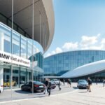 BMW Welt épülete és látogatók Münchenben, Németországban.