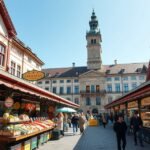 Viktualienmarkt a gyönyörű Münchenben, friss termékekkel és árusokkal.
