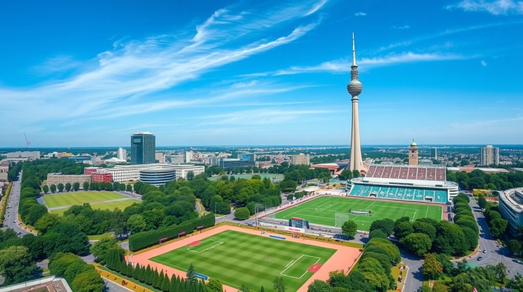 München Olimpiai Park látképe a toronnyal és sportpályákkal