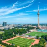 München Olimpiai Park látképe a toronnyal és sportpályákkal