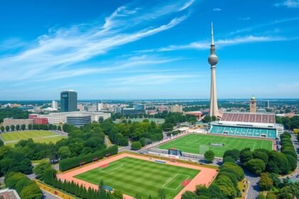 München Olimpiai Park látképe a toronnyal és sportpályákkal