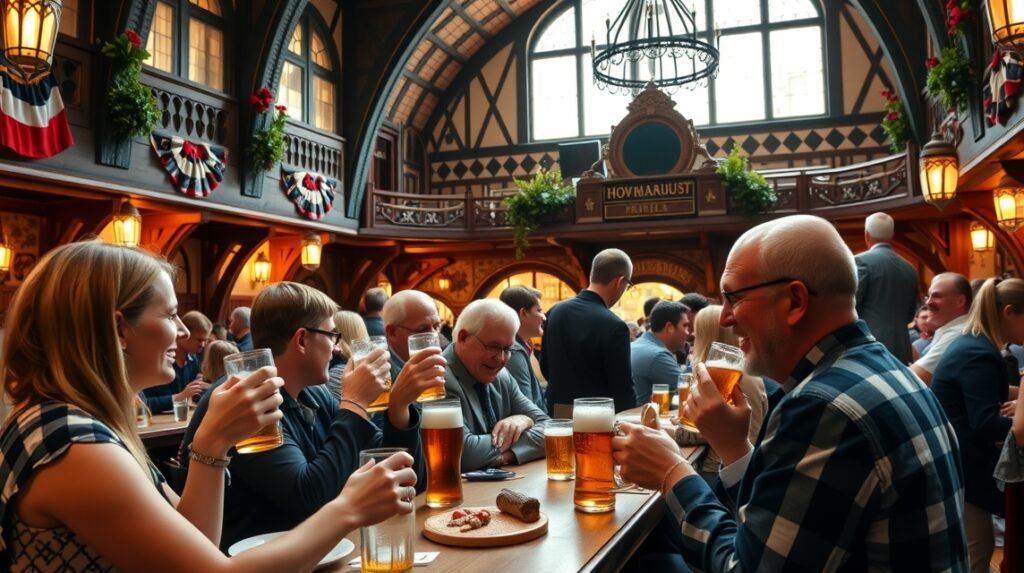 Hofbräuhaus München élénk söröző élettel és barátokkal.