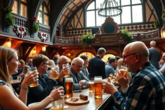Hofbräuhaus München élénk söröző élettel és barátokkal.