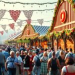 München Oktoberfest: tömeg, sátrak és ünnepi díszítés a sörfesztiválon.