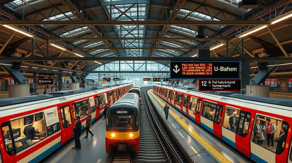 München S-Bahn és U-Bahn állomás belső nézet, utasok és vonatok.
