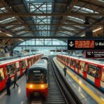 München S-Bahn és U-Bahn állomás belső nézet, utasok és vonatok.