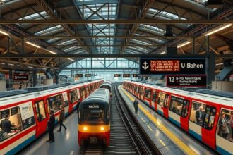 München S-Bahn és U-Bahn állomás belső nézet, utasok és vonatok.