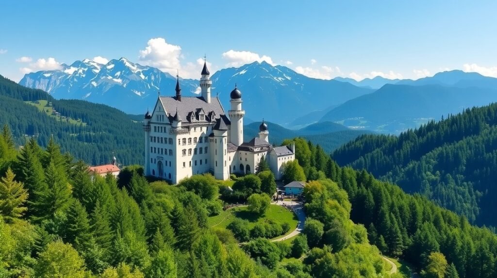 A gyönyörű Neuschwanstein kastély Bajorország hegyvidékein.