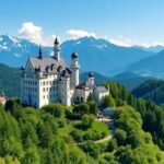 A gyönyörű Neuschwanstein kastély Bajorország hegyvidékein.