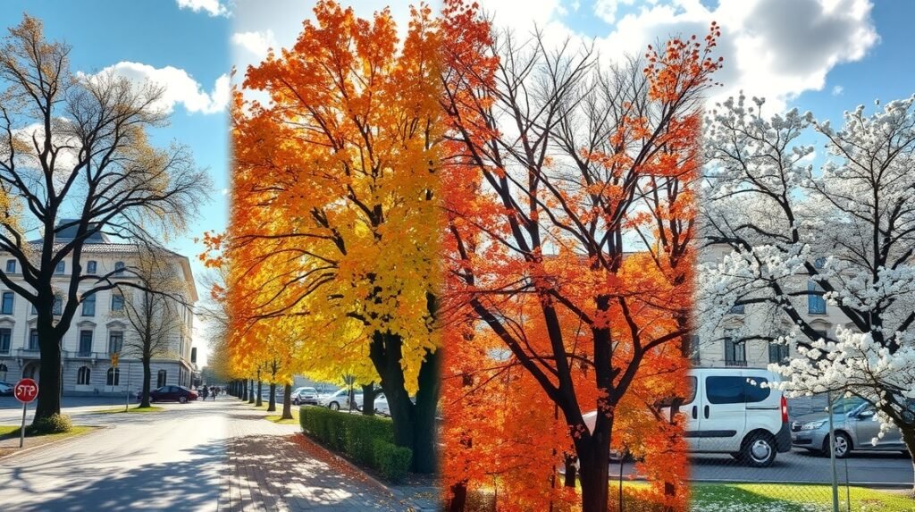München őszi és téli táj, színes fák és hó a városban