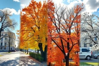 München őszi és téli táj, színes fák és hó a városban