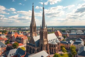 Az Ulmi Dóm két magas tornya városi panorámával