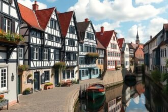 Ulm Halásznegyed kanyargós utcái és festői házai a csatorna mellett.