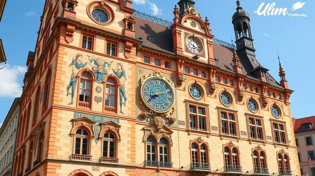 Ulm Városháza díszes freskói és impozáns órája