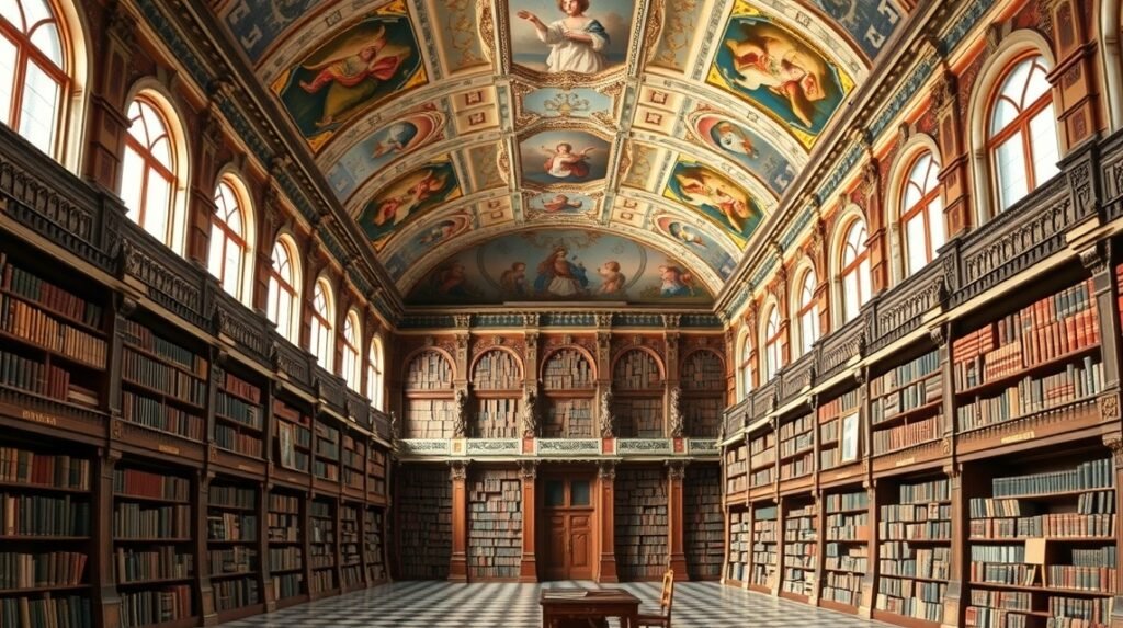 A Wiblingen kolostor könyvtárterme barokk freskókkal díszítve