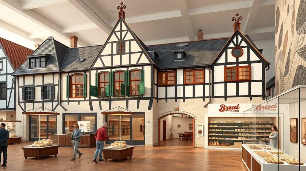 A Kenyérkultúra Múzeuma belső nézete Ulmban, friss péksüteményekkel.