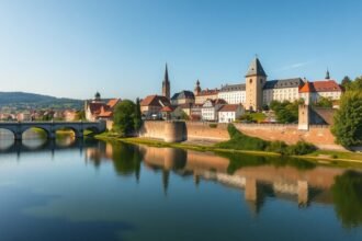 Ulm városfalai a Duna mentén, gyönyörű panorámával.